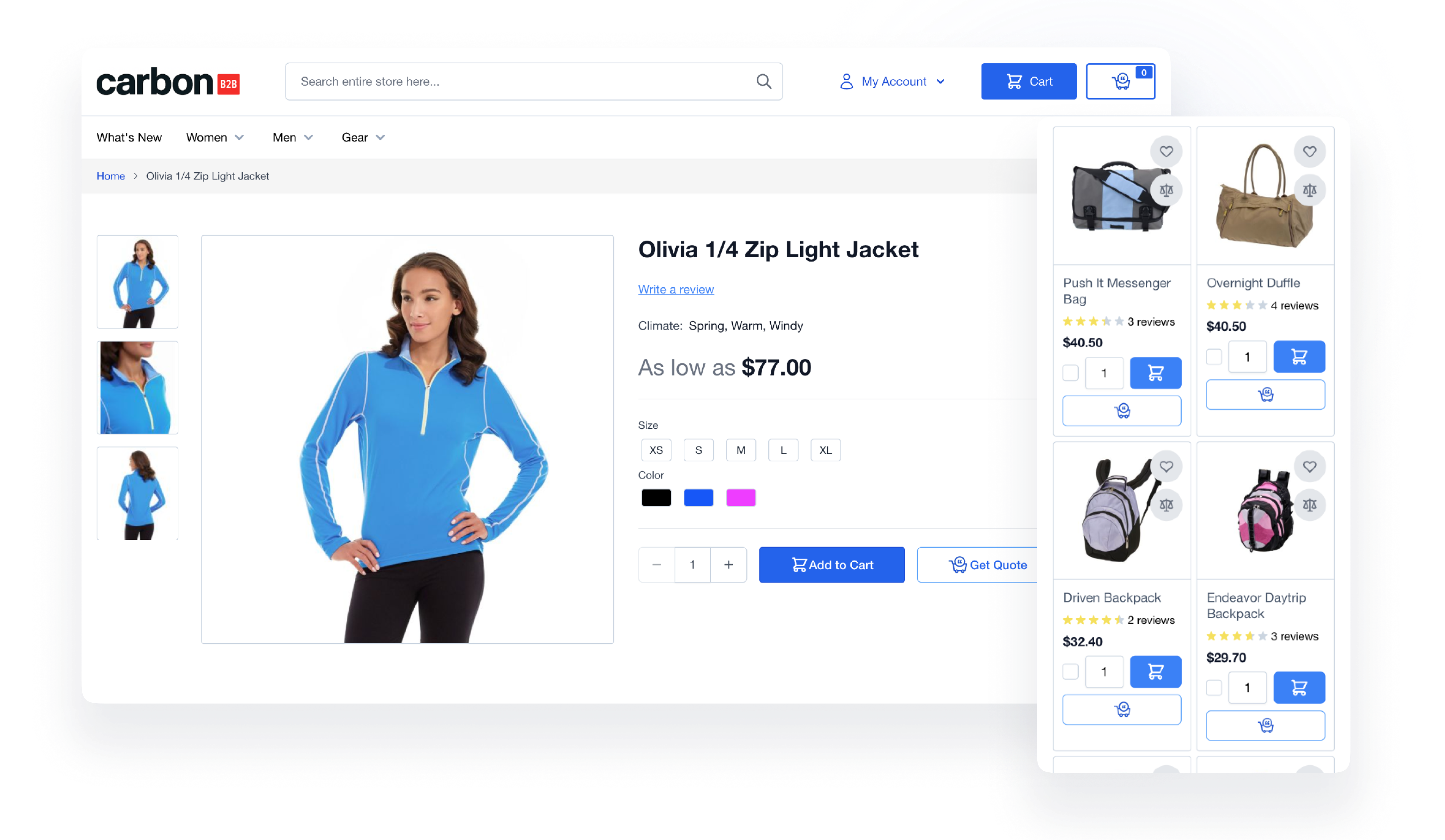 Carbon product page with add-to-cart and quote request actions