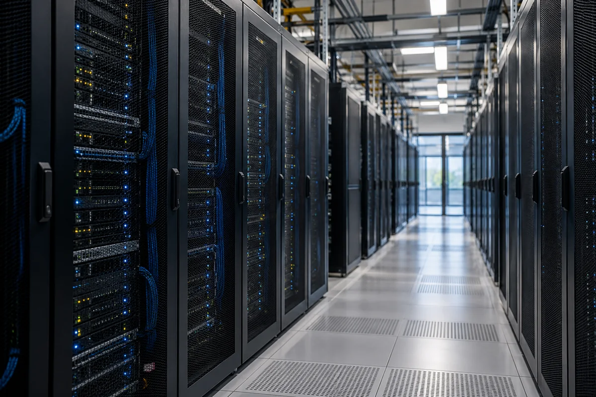 An aisle of modern server racks supporting managed commerce hosting