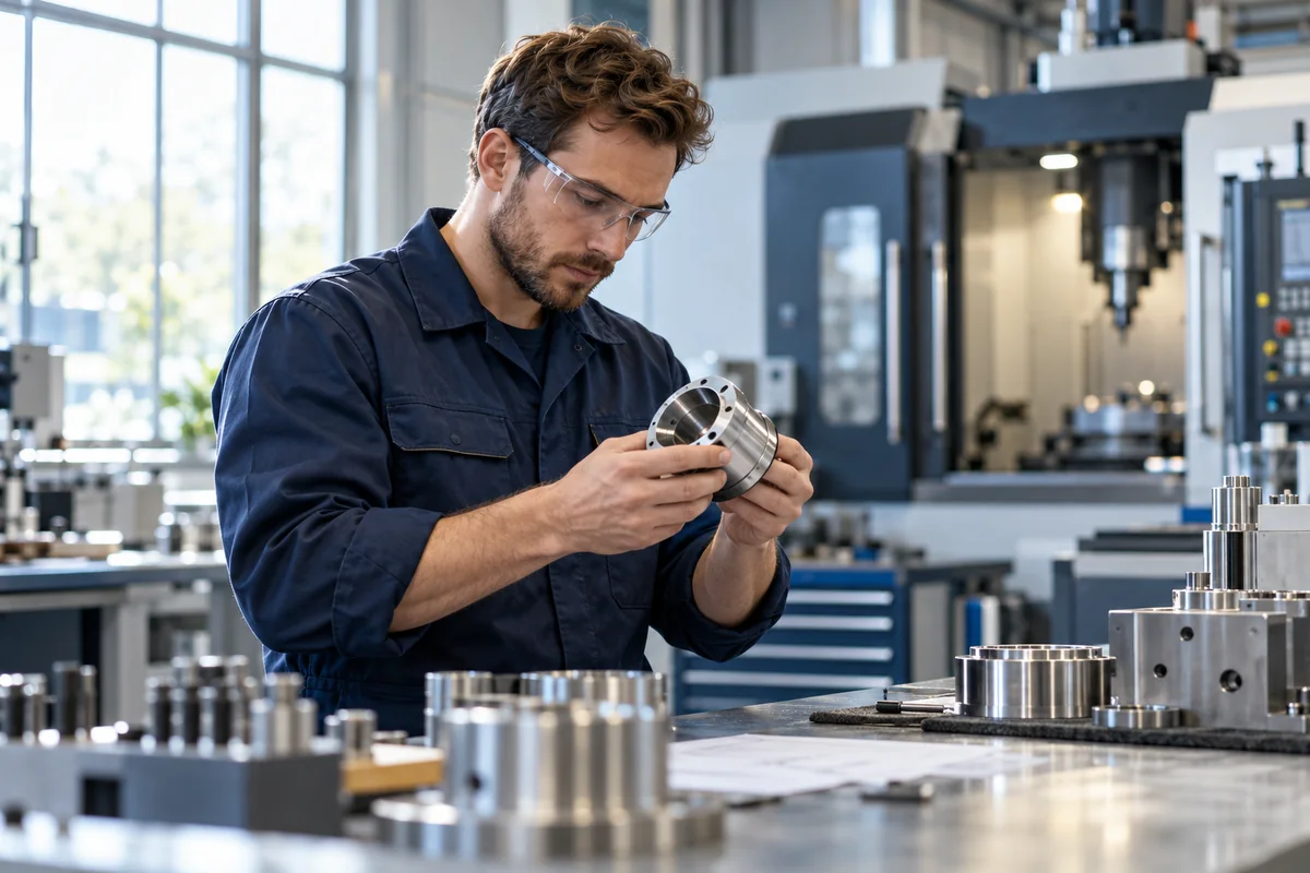 A manufacturing technician inspecting a precision component