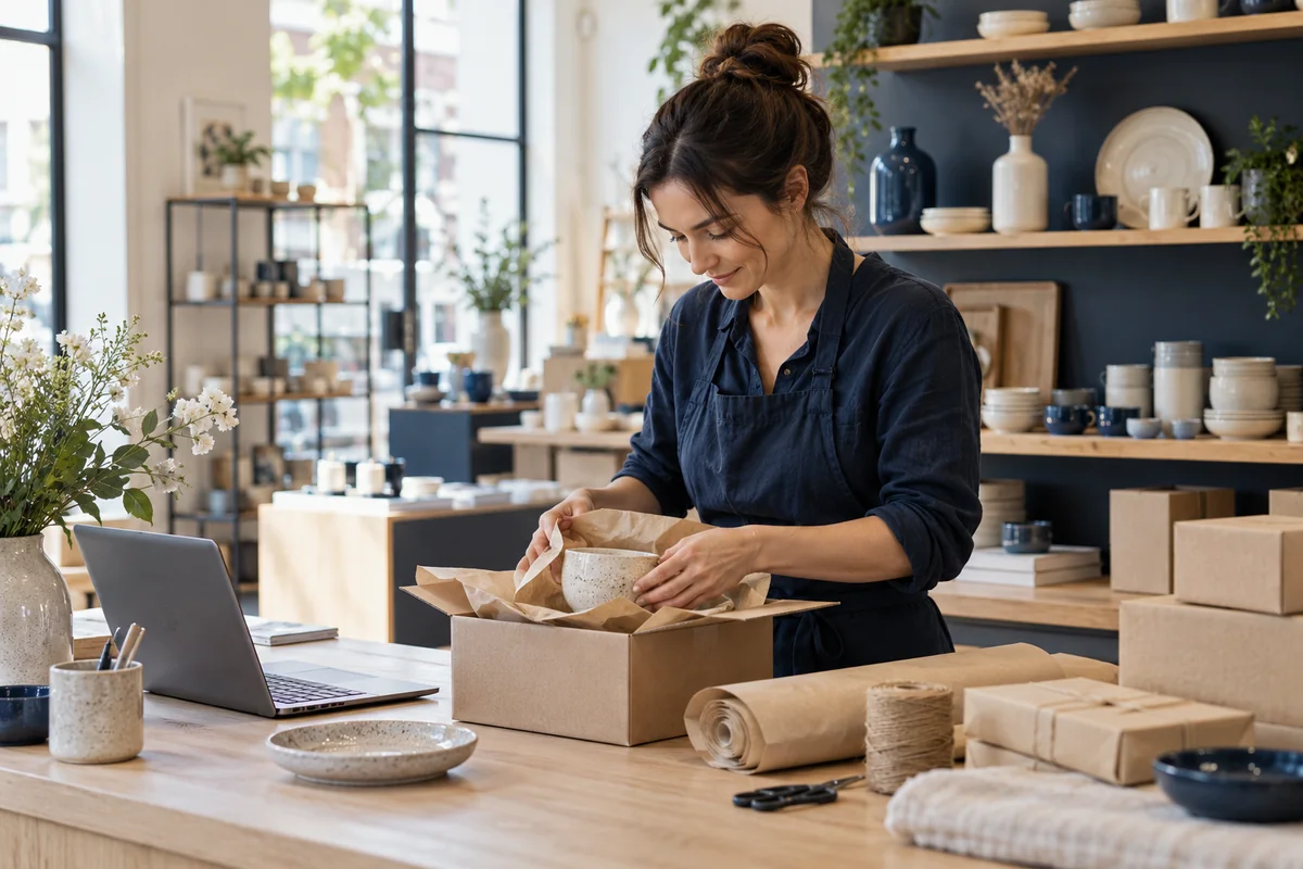 A retailer preparing a customer order in a homewares shop